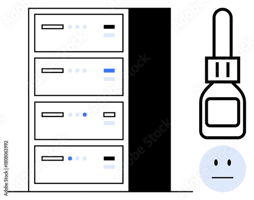 Server racks with control panels, dropper bottle, and neutral face emoticon. Ideal for technology, data storage, maintenance, health, organization emotion minimalism. A simple flat metaphor
