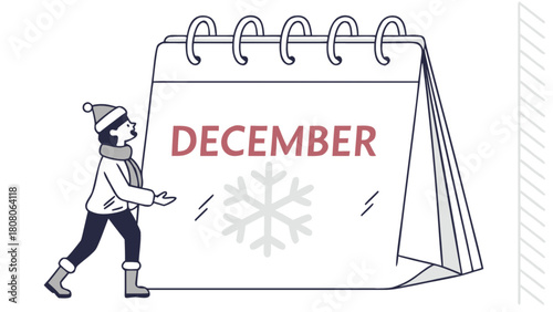 Woman in winter clothes with december calendar and snowflake illustration on a white background design