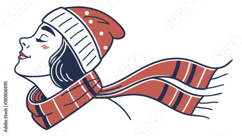 Woman in winter hat and scarf looking up with closed eyes and a peaceful expression on her face outside