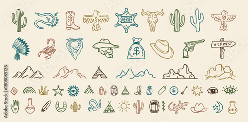 Wild west cowboy doodle icon set. Hand drawn boho signs collection. Aztec southwestern elements set.