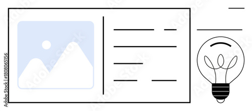 Minimalist layout featuring document with text and image placeholder alongside a glowing light bulb representing innovation. Ideal for creativity, inspiration, design, planning, strategy, education