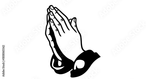 Illustration of two hands clasped together in a praying position, rendered in black and white with clear outlines.