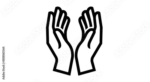 A simple black and white line drawing icon of two open hands held up together in a gesture of offering or prayer.