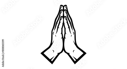 A simple black and white line art illustration of two hands pressed together in a prayer or greeting gesture.