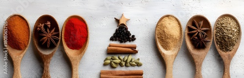 Colorful arrangement of spices as Christmas trees on spoons in festive shape showcasing diverse flavors and culinary traditions
