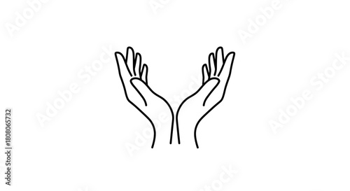 A minimalist line art illustration of two open hands held up together, symbolizing offering, receiving, or prayer.