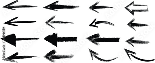 Set of black brush stroke arrows pointing left on white background