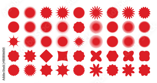 Starburst red sticker set. Promo stickers, Star burst price icon star edges. Round sale tag badge. Circle sale buttons. Sunburst label isolated 