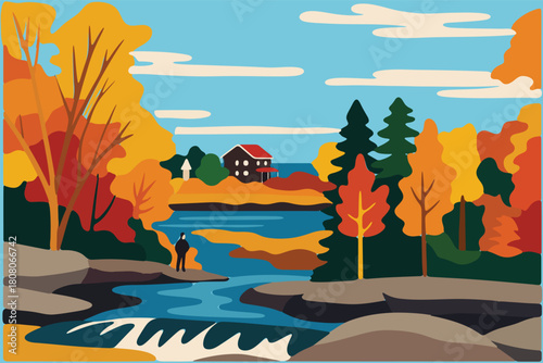 Autumn River Landscape Vector Illustration | Colorful Fall Nature Scene Artwork