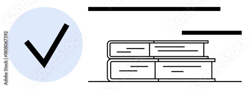 Books stacked neatly near blue checkmark, symbolizing completion and approval. Ideal for learning, education, success, knowledge, academia, goals validation. Clean and simple flat metaphor
