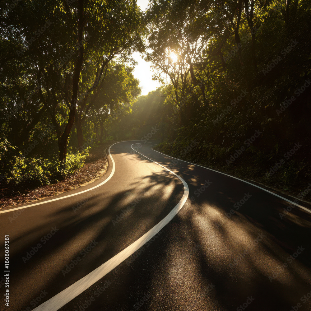 Fototapeta premium Winding asphalt road curves through sunlit forest with rays filtering between trees creating warm shadows and serene atmosphere