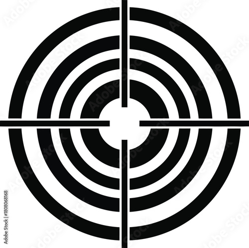 A bold black and white circular target icon featuring crosshairs, representing a gun sight, sniper scope, or aim reticle for precision and focus