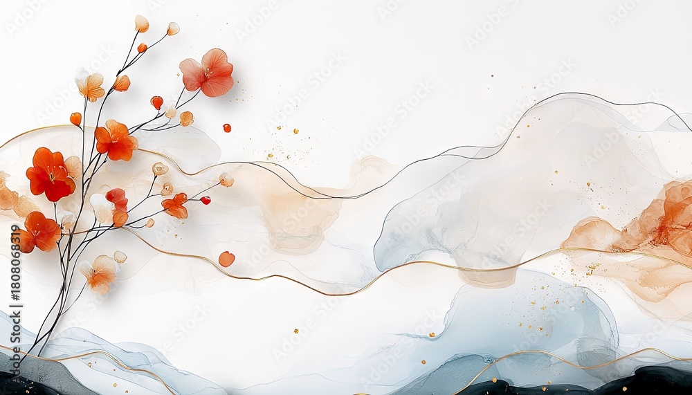 Fototapeta premium A close-up of delicate orange blossoms on a thin branch, set against a soft, flowing watercolor background in shades of blue, beige, and orange, with subtle gol