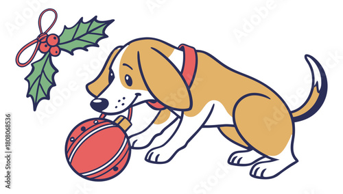 Cute Puppy Playing with Christmas Ornament Vector, A cute cartoon illustration of a puppy playfully holding a red Christmas ornament, with a sprig of holly nearby