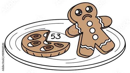 Sad Gingerbread Man and Sliced Cookie Vector,  A humorous illustration of a sad gingerbread man standing next to a sliced cookie, both on a plate