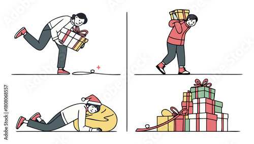 People Carrying and Stacking Christmas Gifts Vector, A four-panel illustration depicting people carrying and stacking various Christmas gifts, conveying the act of gift-giving and receiving
