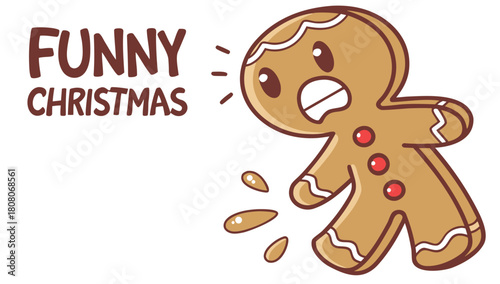 Funny Screaming Gingerbread Man Christmas Vector, A humorous illustration of a gingerbread man cookie with a shocked, screaming expression, next to "FUNNY CHRISTMAS" text