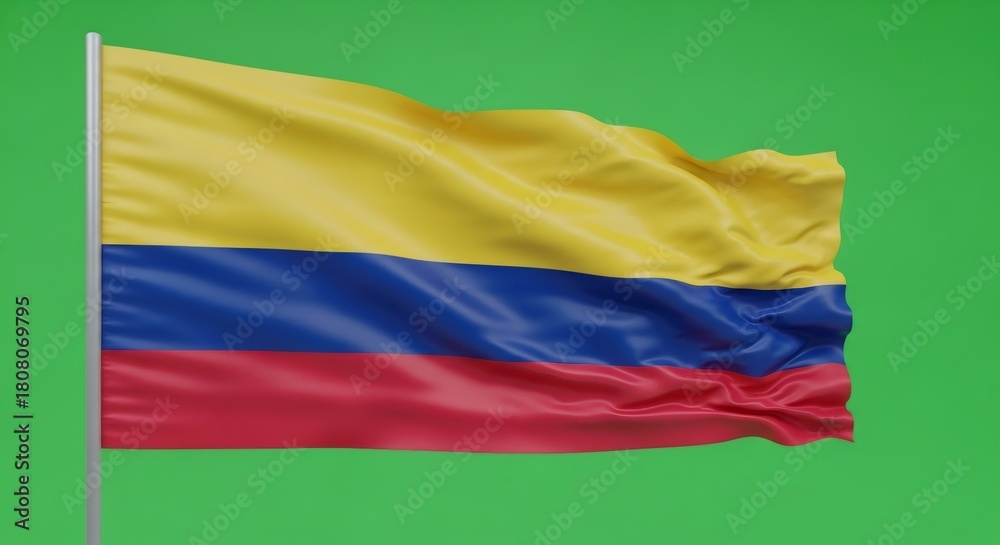 Naklejka premium Colombia flag waving on green screen. National symbol for independence day. Patriotism and national identity. Chroma key background.