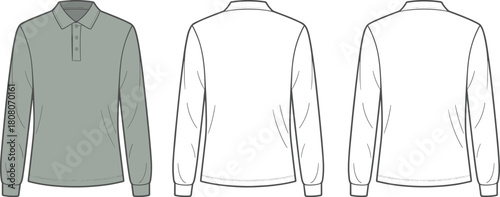 Fashion Flat Sketch of Long Sleeve Polo Shirt, Classic Collar, Button Placket, Technical Drawing Vector Illustration, Apparel Template Design, Front and Back.