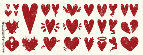 Grunge textured hearts in bold aggressive romantic style, hand drawn distressed red or pink love symbols