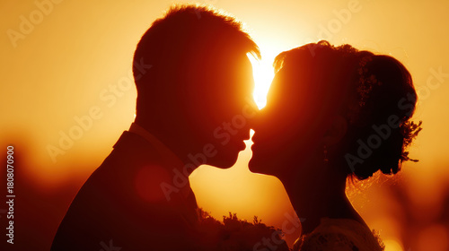 Bride groom silhouette sunset kiss romantic backlight sunset glow wedding couple sunset romance