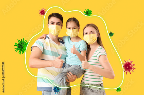 Family in masks with medica...