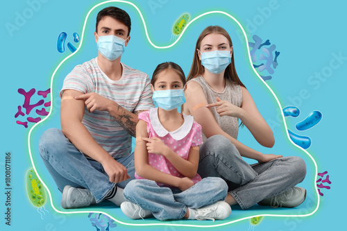 Family in masks pointing at...