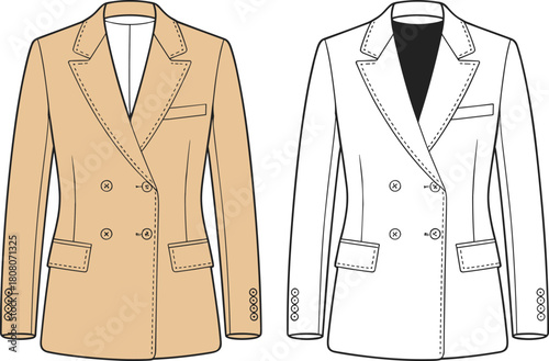 Fashion Flat Sketch Double-Breasted Blazer, Long Length, Peaked Lapels, Flap Pockets, Technical Drawing Vector Illustration, Women's Jacket Template.