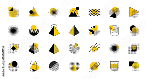 Set of geometric shapes. Memphis design, retro elements for web, vintage, advertisement, commercial banner, poster, leaflet, billboard, sale. Collection trendy halftone vector geometric shapes