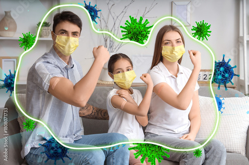 Family in masks with medica...