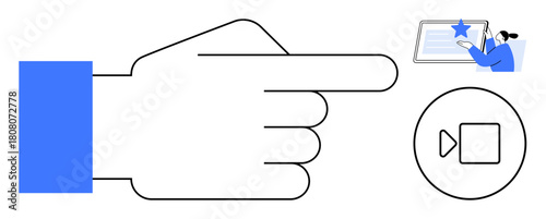 Outstretched hand signaling a video play button and digital learning content. Ideal for education, communication, media, interaction, guidance, e-learning, user engagement. A simple flat metaphor