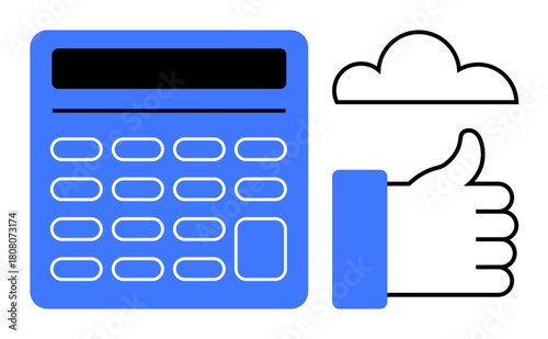 Cloud computing concept. Cloud computing ed by a cloud, calculator, and thumbs-up symbol for efficiency, positive feedback, and modern technology. Ideal for technology, data solutions, efficiency