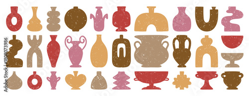 Girly pastel cute pink vases and amphorae textured boho ceramic vases trendy minimalist style. pottery icons creative trendy forms