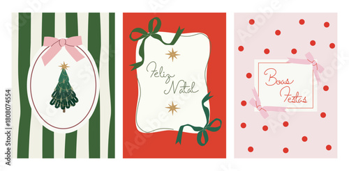 Hand drawn Christmas card set with portuguese text "feliz natal" and "boas festas" illustration vector