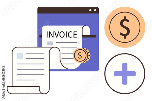 Online invoice sheet with currency coins, detailed receipt layout, and plus symbol. Ideal for business, finance, accounting, payments, budgeting billing and automation concepts. Simple flat