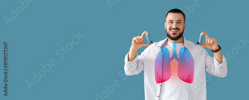 Young man with inhalers on ...