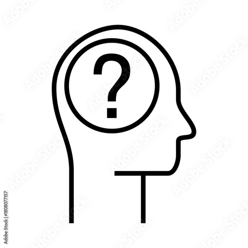 Line art of a human head featuring a question mark inside the circle, representing curiosity, uncertainty, doubt, and inquiry.