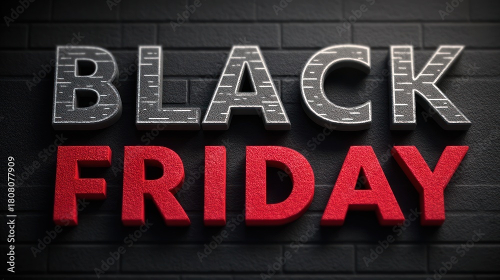 Fototapeta premium Black friday promotion sign with bold textured letters on black brick textured background