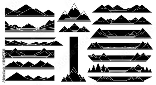 A diverse collection of mountain range silhouettes in various modern and geometric styles. Black vector icons for logos, banners, and lower third overlays.
