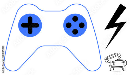 Blue and black gaming controller, coins, and lightning bolt. Ideal for gaming, esports, digital currency, tech innovation, virtual rewards competitive energy online entertainment. Simple flat