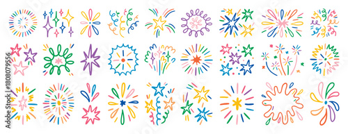 Crayon and scribble firework set of festive elements - doodle bright bursts, sparkling stars, swirls and glowing flashes. Hand drawn celebration designs for greeting cards, party and event.
