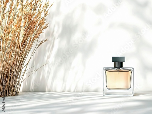A clear glass perfume bottle with a dark cap sits on a white surface next to a bunch of dried grass, with shadows cast on a white wall.