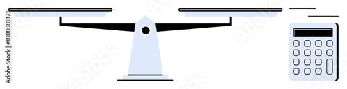 Balance scale and calculator conveying fairness and financial assessment. Ideal for finance, justice, comparison, decision-making, evaluation, accounting, and logic themes. Simple flat metaphor