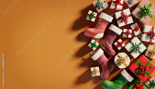 Festive Christmas stockings and gifts create a joyful holiday season display