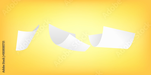 Realistic 3D isolated flying white paper sheets falling through transparent background, perfect for office design, stationery branding, presentation templates, and creative mockup visuals.