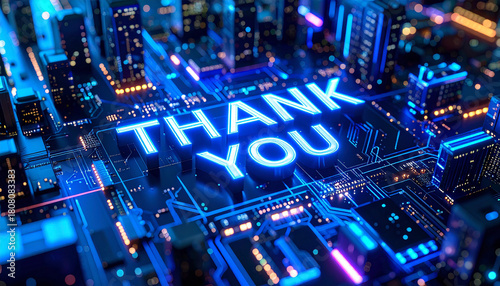 Thank you message – blue neon text on futuristic motherboard background