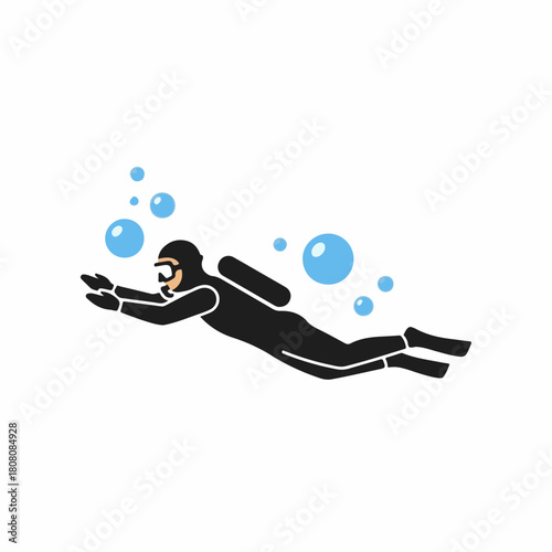 Vector illustration of a scuba diver in full gear exploring underwater with rising blue bubbles, symbolizing aquatic adventure and marine sport