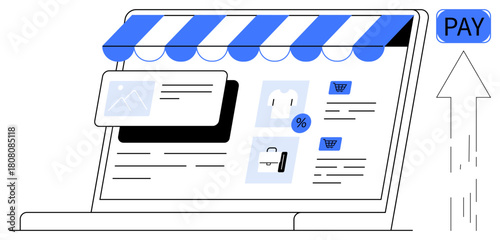 Laptop screen with a storefront awning, product cards, and shopping cart elements, accompanied by a payment arrow icon. Ideal for e-commerce, shopping, digital marketing, retail, transactions