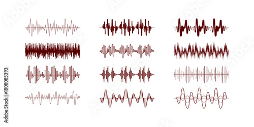 Audio sound waves collection illustration on white background showing digital frequency patterns, perfect for music, podcast, voice technology, and sound analysis concept designs.