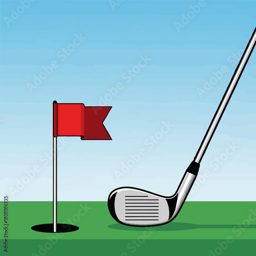 Golf club and flag on the putting green